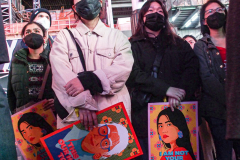 People and public figures came together for the Justice for Asian Women Rally in Times Square. Organized by the Asian Justice Movement,  cities across the United States held rallies to call for justice for Asian women facing ongoing attacks and racism.
In the past two years dramatic increase in anti-Asian hate crimes and random violence has effected the country and shaken Asian communities causing fear and alarm.
In NYC alone, three Asian American women were killed , In unprovoked attacks in the first quarter of the year. Statistically Asian women are targeted higher than compared to Asian men.
Performers, Kate Rigg, AKA Lady K. Sian and actor Perry Young were amongst the handful of performers to partake in the event.
Times Square, NYC. Wednesday, March 16, 2022. (C) Bianca Otero