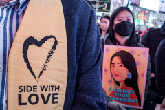 People and public figures came together for the Justice for Asian Women Rally in Times Square. Organized by the Asian Justice Movement,  cities across the United States held rallies to call for justice for Asian women facing ongoing attacks and racism.
In the past two years dramatic increase in anti-Asian hate crimes and random violence has effected the country and shaken Asian communities causing fear and alarm.
In NYC alone, three Asian American women were killed , In unprovoked attacks in the first quarter of the year. Statistically Asian women are targeted higher than compared to Asian men.
Performers, Kate Rigg, AKA Lady K. Sian and actor Perry Young were amongst the handful of performers to partake in the event.
Times Square, NYC. Wednesday, March 16, 2022. (C) Bianca Otero