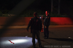Scene on the Belt Parkway near 93rd St. on the evening of Sun., October 10, 2021 where a person was struck by a vehicle and seriously injured in the eastbound lanes, and transported to NYU Langone-Brooklyn.

(Marc A. Hermann)