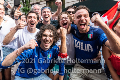 Italian fans celebrate the Euro Cup 2020 win of their Azzurri against England outside Ribalta Italian restaurant on E12th Street in New York City on July 11, 2021. Italy beat the Three Lions 3-2 on penalties after a 1-1 draw. (Photo by Gabriele Holtermann/Sipa USA)