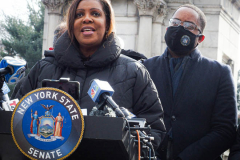State Attorney General, Letitia James speaks to the public and press.
New York City and New York state elected officials are advocating for the expansion of voting rights as the country observes the one-year anniversary of the attack on the U.S. Capitol. Brooklyn, NY, January 6, 2022. (C) Bianca Otero