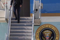 U.S. President Joe Biden disembarks from Air Force One at John F. Kennedy (JFK) airport in New York, U.S., on Tuesday, Sept. 7, 2021. Biden is visiting parts of New York City and New Jersey that suffered damage when remnants of Hurricane Ida hit the region with flash flooding that killed at least 40 people.
