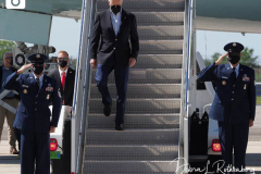 U.S. President Joe Biden disembarks from Air Force One at John F. Kennedy (JFK) airport in New York, U.S., on Tuesday, Sept. 7, 2021. Biden is visiting parts of New York City and New Jersey that suffered damage when remnants of Hurricane Ida hit the region with flash flooding that killed at least 40 people.