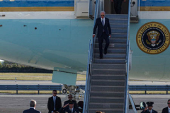 President Joe Biden steps off of Air Force One and greets New York Governor, Kathy Hochal, NYC Mayor, Bill de Blasio and his wife Chirlane McCray after arriving at JFK airport on his way to the UN General Assembly which kicks off on September 21, 2021. (C) Bianca Otero September 20, 2021.