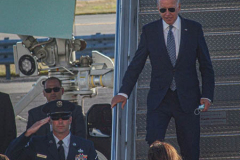 President Joe Biden steps off of Air Force One to greet New York Governor, Kathy Hochal after arriving at JFK airport on his way to the UN General Assembly which kicks off on September 21, 2021. (C) Bianca Otero September 20, 2021.