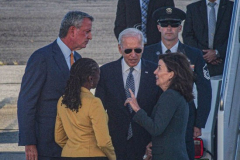 President Joe Biden steps off of Air Force One and greets New York Governor, Kathy Hochal, NYC Mayor, Bill de Blasio and his wife Chirlane McCray after arriving at JFK airport on his way to the UN General Assembly which kicks off on September 21, 2021. (C) Bianca Otero September 20, 2021.