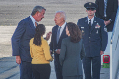 President Joe Biden steps off of Air Force One and greets New York Governor, Kathy Hochal, NYC Mayor, Bill de Blasio and his wife Chirlane McCray after arriving at JFK airport on his way to the UN General Assembly which kicks off on September 21, 2021. (C) Bianca Otero September 20, 2021.