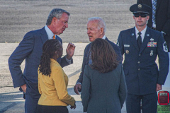 President Joe Biden steps off of Air Force One and greets New York Governor, Kathy Hochal, NYC Mayor, Bill de Blasio and his wife Chirlane McCray after arriving at JFK airport on his way to the UN General Assembly which kicks off on September 21, 2021. (C) Bianca Otero September 20, 2021.