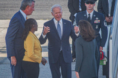 President Joe Biden steps off of Air Force One and greets New York Governor, Kathy Hochal, NYC Mayor, Bill de Blasio and his wife Chirlane McCray after arriving at JFK airport on his way to the UN General Assembly which kicks off on September 21, 2021. (C) Bianca Otero September 20, 2021.