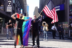 People gather in Times Square to celebrate the presidential election results that Joe Biden has defeated incumbent President Donald Trump.