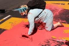 Juliet Germanotta age 39 dressed as Lady Liberty smears red paint on the Black Lives Matter mural in front of Trump Tower in Manhattan she was arrested and taken to the Midtown south precinct  . 8/23/2020