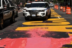 Juliet Germanotta age 39 dressed as Lady Liberty smears red paint on the Black Lives Matter mural in front of Trump Tower in Manhattan she was arrested and taken to the Midtown south precinct  . 8/23/2020