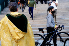April 30, 2022  24th annual Blessing of the Bikes  held at Cathedral Church of Saint John the Devine.
Father Patrick Malloy, said a few kind words and then sprinkled the bikes with Holy Water, There was a moment of silence to remember those cyclists  lost in the past year, The Reverend Canon Patrick Malloy,
in Golden Vestments greets Bikers and conducts the ceremony.