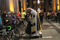 April 30, 2022  24th annual Blessing of the Bikes  held at Cathedral Church of Saint John the Devine.
Father Patrick Malloy, said a few kind words and then sprinkled the bikes with Holy Water, There was a moment of silence to remember those cyclists  lost in the past year, The Reverend Canon Patrick Malloy,
in Golden Vestments greets Bikers and conducts the ceremony.