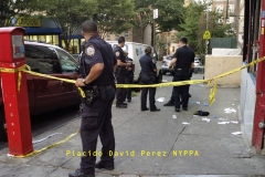 Two men shot — one of them seven times — outside Bronx bodega A trigger-happy gunman unleashed a barrage of bullets at two men standing outside a Bronx bodega Tuesday, hitting one of them seven times and the other twice. Both victims had by Tuesday night survived the alarming hail of bullets, cops said. The men, 21 and 37, were standing outside the Los Primos Deli Grocery at W. 165th St. and Woodycrest Ave. in Highbridge when the assailant emerged from between a parked van and SUV and started shooting. “There were shots. He was screaming and laying on the floor face-up, bleeding,” witness Freddy Perdomo, 55, said of the younger victim, who was hit seven times. “I could see two of his stomach wounds. The (shooter) had a gun in his hand, and he was running down the street.... He was holding a big black gun.” Medics took both men to Lincoln Hospital. The shooter is described as a Black man in a white t-shirt, with a scruffy beard and a bag stretched across his torso. Cops have not yet made an arrest in the shooting.