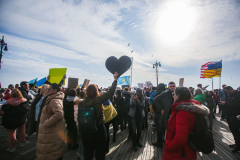 Russian and Ukrainian residents as well as other Slavic nationalities came together to protest the Russian War on Ukraine at Brighton Beach, Brooklyn. 

New York City has the largest Ukrainian, Russian and Slavic concentrated population in one area with in the United States. 
Sunday, March 6, 2022. (C) Bianca Otero