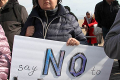March 6, 2022  New York, 
Pro Ukrainian Rally in The "Little Odessa" neighborhood in Brighton Beach Brooklyn.
Protestors stand on the Riegelmann Boardwalk chanting "Close the Airspace" and for "Putin to get of of the Ukraine".