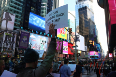 Broadway Me Too March was outside of the Marquis Theater on April 8, 2022. The speakers from the march were Court Watson and Michael Martin.