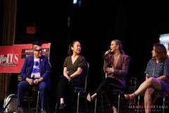 Andrea Ambam(l) moderates a panel of actors (l-r) Rachel Dratch, Julianne Hough, Suzy Nakamura, and Lea DeLaria during BroadwayCon 2022 at The Manhattan Center in New York, NY, July 8, 2022.