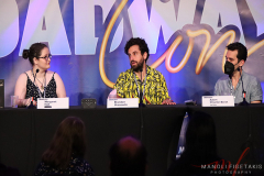 30 years of Assassins panel at BroadwayCon with on stage with Margaret Hall, Brandon Uranowitz, and Adam Chanler-Berat on the stage at The New Yorker Hotel,NY, July 8, 2022.