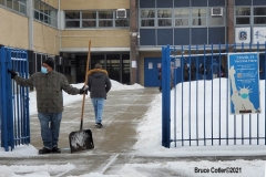 NEW YORK—? Covid Vaccine site located  in a Brooklyn high school. Elderly and eligible N.Y.C. personnel brave snow storm to get vaccinated.