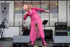 A drag queen performs on the main stage of the Brooklyn Pride Festival in Brooklyn, New York on June 11,  2022.  (Photo by Gabriele Holtermann/Sipa USA)