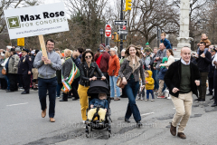 Former Congressman Max Rose, who is running for his old seat against Nicole Malliotakis, marches (runs) in the Brooklyn St. Patrick's Day Parade in the Park Slope neighborhood of Brooklyn, NY, on Mar. 20, 2022. (Photo by Gabriele Holtermann)