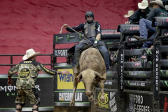 Ramon de Lima rides a bull named Puddle Dock Road while competing in the PBR’s (Professional Bull Riders) Elite Unleash The Beast event at the Prudential Center in Newark NJ on September 19, 2021. (Photo by Andrew Schwartz)