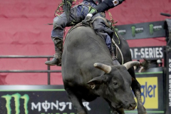 Jose Vitor Leme rides a bull named Home Wrecker while competing in the PBR’s (Professional Bull Riders) Elite Unleash The Beast event at the Prudential Center in Newark NJ on September 19, 2021. (Photo by Andrew Schwartz)