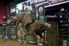 Dalton Kasel rides a bull named Detroit Lean while competing in the PBR’s (Professional Bull Riders) Elite Unleash The Beast event at the Prudential Center in Newark NJ on September 19, 2021. (Photo by Andrew Schwartz)