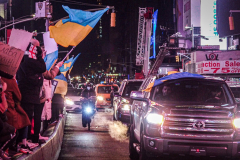 Hundreds of Ukrainians took to Times Square to protest the Russian invasion of the Ukraine and to welcome a protest car rally that started in Brooklyn, New York and ended in the Square.
Together they chanted “Stop Putin’s War” and “Protect Ukrainian Skies” amongst others.
Many fear the unknown and for the worst while attacks and mayhem riddle the Ukraine still. Midtown, Manhattan. Friday, February 25, 2022