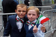 New York,  77th Columbus Day Parade returns to New York City. after it was cancelled last year due to Covid. Marchers and Bands walk up 5th ave.