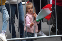 New York,  77th Columbus Day Parade returns to New York City. after it was cancelled last year due to Covid. Marchers and Bands walk up 5th ave.