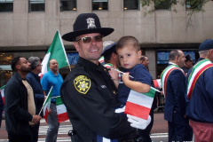 New York,  77th Columbus Day Parade returns to New York City. after it was cancelled last year due to Covid. Marchers and Bands walk up 5th ave.