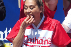 July 4  2022  NEW YORK  
Nathan's Famous Fourth of July International Hot Dog Eating Contest held at the corner of Surf ave. and Stillwell ave. where the original Nathan's Hot Dog stand opened over a hundred years ago. Miki Sudo winner eating 40 hot dogs and buns and in second place Michelle Lesco last years winner.