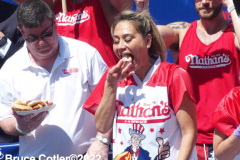 July 4  2022  NEW YORK  
Nathan's Famous Fourth of July International Hot Dog Eating Contest held at the corner of Surf ave. and Stillwell ave. where the original Nathan's Hot Dog stand opened over a hundred years ago. Miki Sudo winner eating 40 hot dogs and buns and in second place Michelle Lesco last years winner.