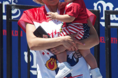 July 4  2022  NEW YORK  
Nathan's Famous Fourth of July International Hot Dog Eating Contest held at the corner of Surf ave. and Stillwell ave. where the original Nathan's Hot Dog stand opened over a hundred years ago. Miki Sudo winner eating 40 hot dogs and buns 
Miki holding her son max