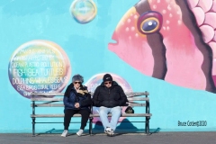 Coney Island Brooklyn. People stroll the Boardwalk in winter clothes on this sunny and cold day, 37 degrees some people sat on benches and others sunned themselves while The Coney Island Polar Bear Club jumped into the Atlantic Ocean for their weekly swim.