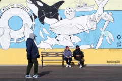 Coney Island Brooklyn. People stroll the Boardwalk in winter clothes on this sunny and cold day, 37 degrees some people sat on benches and others sunned themselves while The Coney Island Polar Bear Club jumped into the Atlantic Ocean for their weekly swim.