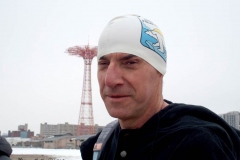 December 20,2020    Coney Island Polar Bears go for their weekly swim. Snow covers the sand because of the snow storm that happened a few days before the swim. The outdoor temperature was 37 degrees and the water temperature is 52 degrees.