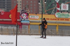 December 20,2020    Coney Island Polar Bears go for their weekly swim. Snow covers the sand because of the snow storm that happened a few days before the swim. The outdoor temperature was 37 degrees and the water temperature is 52 degrees.Cross Country skiing on the beach