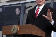 Mayor Bill de Blasio at Yankee Stadium speaking as Yankee Stadium opened up COVID-19 vaccination site. “For one day only, I will declare myself a Yankee fan,” he said, as he urged all those who live in the Bronx to get vaccinated.