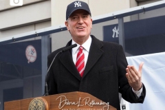 Mayor Bill de Blasio at Yankee Stadium speaking as Yankee Stadium opened up COVID-19 vaccination site. “For one day only, I will declare myself a Yankee fan,” he said, as he urged all those who live in the Bronx to get vaccinated.