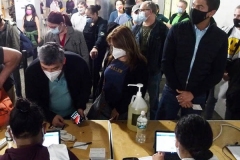 People in New York City lined up at Penn Station to receive their Covid Vaccine at Pop Up Sites that are in all 5 Boroughs. They received the Johnson and Johnson vaccine and received a free week long Metro Card or 2 free rides on the Long Island Railroad on 12 May 2021