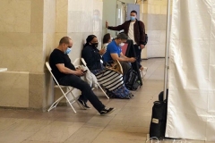 People in New York City lined up at Vanderbilt Hall at Grand Central Station and Penn Station to receive their Covid Vaccine at Pop Up Sites that are in all 5 Boroughs. They received the Johnson and Johnson vaccine and received a free week long Metro Card or 2 free rides on the Long Island Railroad on 12 May 2021