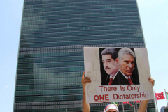 Cuban Americans Rally in front of the United Nations building in New York City. Protestors cover themselves in blood to protest the Human rights violations on the cuban people.