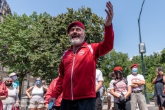 Curtis Sliwa, founder of the Guardian Angels, talks to a group of Upper West Siders about the hotels turned homeless shelters in New York City on August 9, 2020. Residents have complained about an uptick in crime and drugs as well as the housing of sexual offenders in the neighborhood.  (Photo by Gabriele Holtermann)