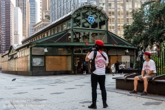 Members of the Guardian Angels stand outside the 72nd Subway station on the Upper West Side in New York City on August 9, 2020. A few days ago a man slashed a woman buying a Metro card at the station.  Residents have complained about an uptick in crime and drugs as well as the housing of sexual offenders after hotels in the neighborhood have been turned into homeless shelters. (Photo by Gabriele Holtermann)