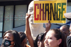 George Floyd verdict rally held in front of his statue in Brooklyn N.Y. The Reverend Al Sharpton's daughters Ashley and Dominque
were there when the judge announced the sentence of 22 and half years for Derrick Chauvin in George Floyd's murder.