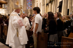 Cardinal Timothy Dolan greets some of the nearly 2,000 graduating Catholic High School seniors who attended mass at St. Patrick’s Cathedral in New York, New York, on May 18, 2022. (Photo by Gabriele Holtermann/Sipa USA)